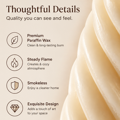 KAELIROAY® Ivory Sculptural Pillar Candle Set lit on travertine slab with dried white flowers and books — Timeless Elegance for Every Space. Create a warmer, more beautiful home.