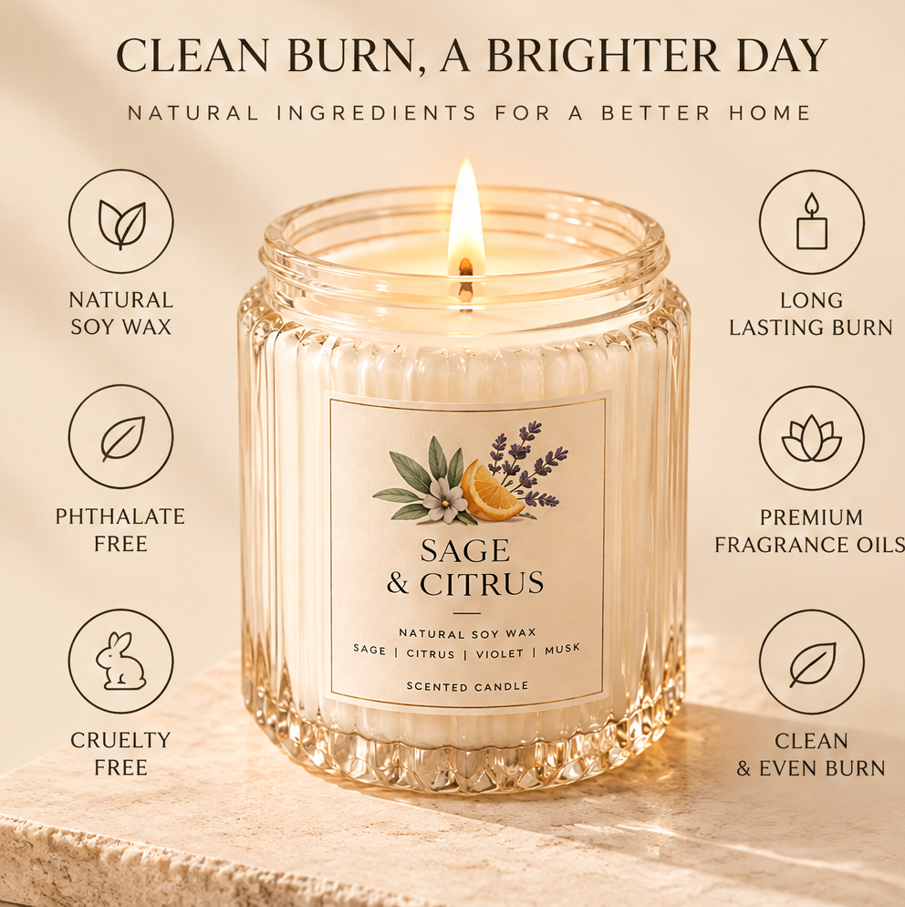 KAELIROAY® Sage & Citrus Scented Candle in ribbed clear glass jar with gold ball-top lid, surrounded by fresh oranges and sage leaves — hero product shot