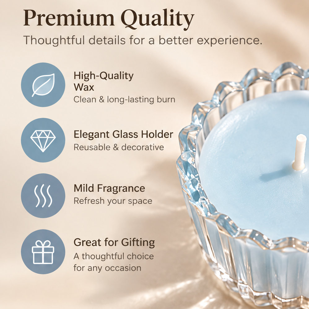 KAELIROAY® Blue Glass Flower Tealight Candle — Premium Quality, Thoughtful details for a better experience. High-Quality Wax (leaf icon, clean & long-lasting burn), Elegant Glass Holder (diamond icon, reusable & decorative), Mild Fragrance (wave icon, refresh your space), Great for Gifting (gift box icon, a thoughtful choice for any occasion).