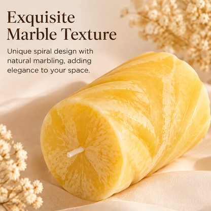 KAELIROAY® Honey Marble Swirl Candle close-up texture shot — Exquisite Marble Texture. Unique spiral design with natural marbling, adding elegance to your space.