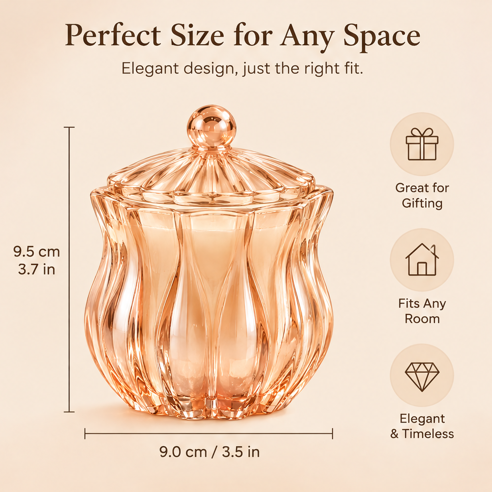 KAELIROAY® Rose Gold Petal Candle size guide — 9.5cm height (3.7in) x 9.0cm diameter (3.5in). Perfect Size for Any Space. Great for Gifting, Fits Any Room, Elegant & Timeless.