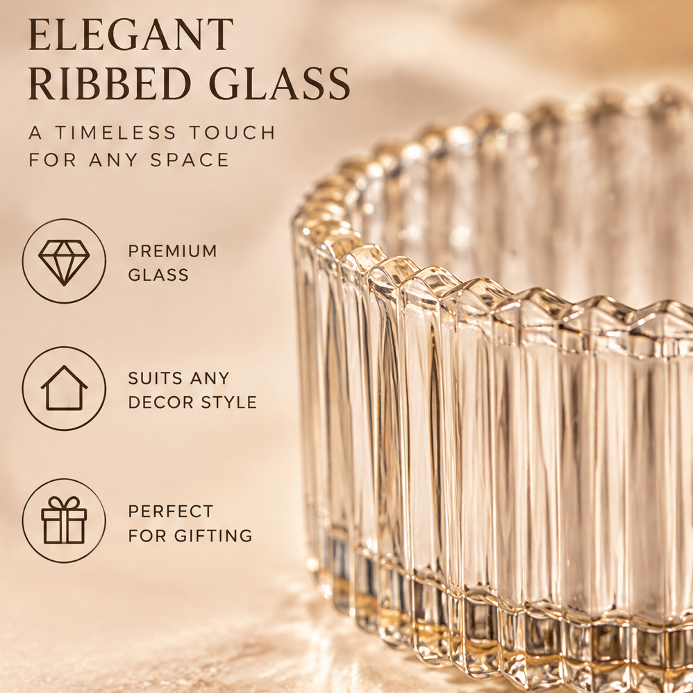 KAELIROAY® Lavender Botanical Soy Wax Candle — Elegant Ribbed Glass, A Timeless Touch for Any Space. Close-up of premium ribbed glass vessel with scalloped rim. Icons: Premium Glass (diamond), Suits Any Decor Style (home), Perfect for Gifting (gift box).
