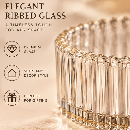 KAELIROAY® Lavender Botanical Soy Wax Candle — Elegant Ribbed Glass, A Timeless Touch for Any Space. Close-up of premium ribbed glass vessel with scalloped rim. Icons: Premium Glass (diamond), Suits Any Decor Style (home), Perfect for Gifting (gift box).