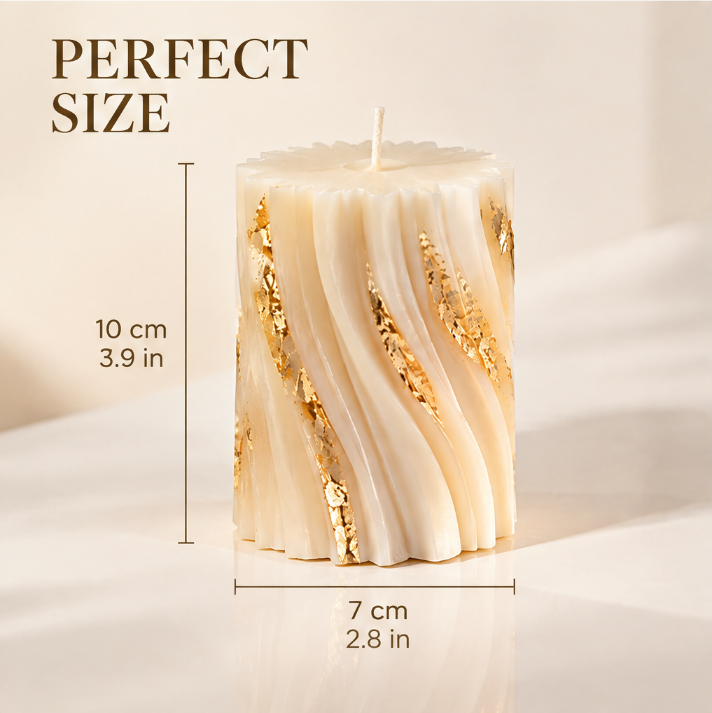 KAELIROAY® Ivory & Gold Leaf Swirl Pillar Candle close-up — Exquisite Details, Handcrafted for a Touch of Art. Real gold leaf inlay in diagonal swirl relief grooves, individual gold fragments pressed by hand.