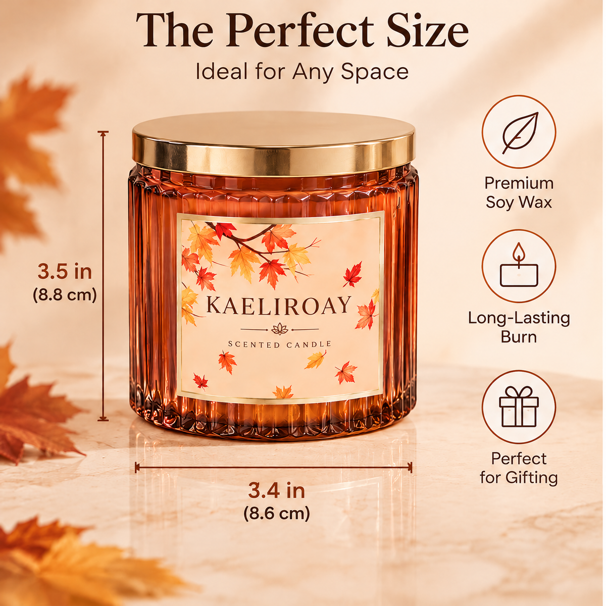 KAELIROAY® Fall Scented Candle size guide — 3.5 in height, 3.4 in diameter. Premium Soy Wax, Long-Lasting Burn, Perfect for Gifting