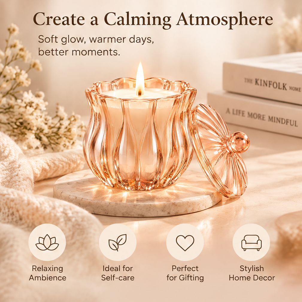 KAELIROAY® Rose Gold Petal Candle glowing on marble tray with cozy blanket and books — Create a Calming Atmosphere. Relaxing Ambience, Ideal for Self-care, Perfect for Gifting, Stylish Home Decor.