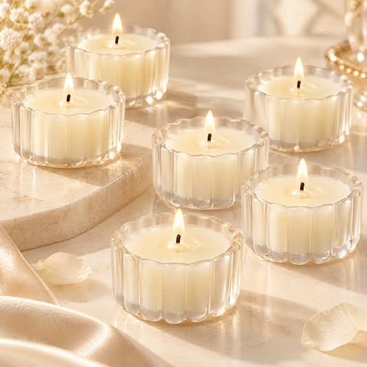 KAELIROAY® Glass Flower Tealight Candles with scalloped glass holders — 5 candles lit and scattered on marble slab and silk fabric with white baby's breath flowers. Soft candlelight for every beautiful moment.