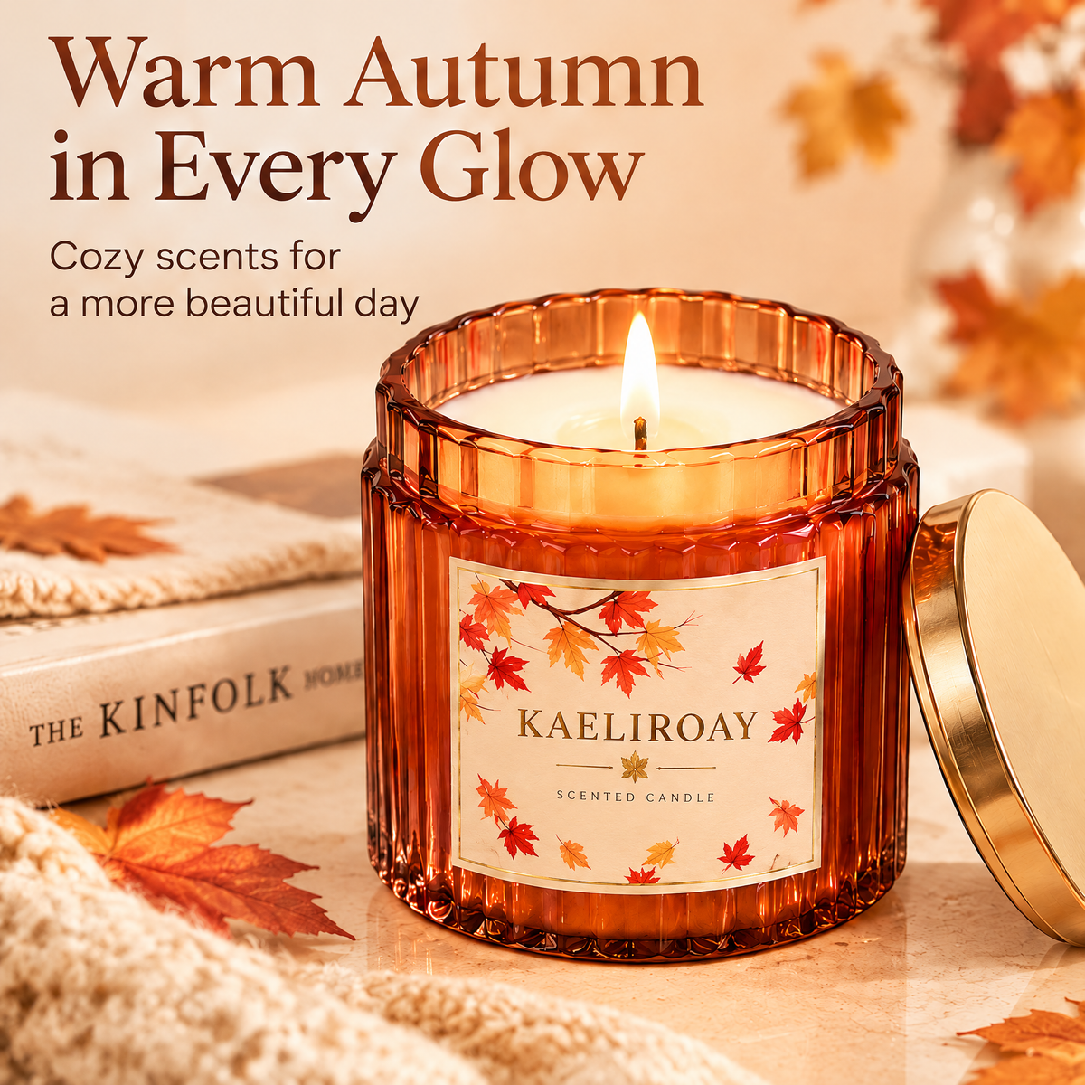 KAELIROAY® Fall Candle fragrance notes chart — Top: Crisp Leaves & Red Apple, Heart: Cinnamon & Clove, Base: Warm Woods & Musk