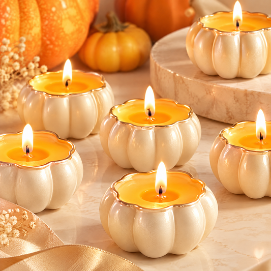 KAELIROAY® Pumpkin Candle Set of 6 — six pearl-white ceramic pumpkin candles with gold-rimmed scalloped openings, all lit and scattered on marble surface with real pumpkins, baby’s breath, and gold satin ribbon. Warm amber wax glowing.