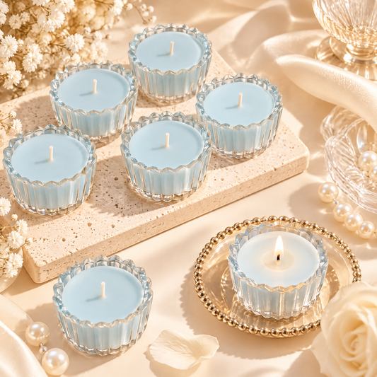 KAELIROAY® Blue Glass Flower Tealight Candle Set — 7 sky-blue candles in scalloped glass holders on travertine slab, one lit on gold bead tray in foreground with rose petals and pearl necklace. White baby’s breath and satin ribbon surround.