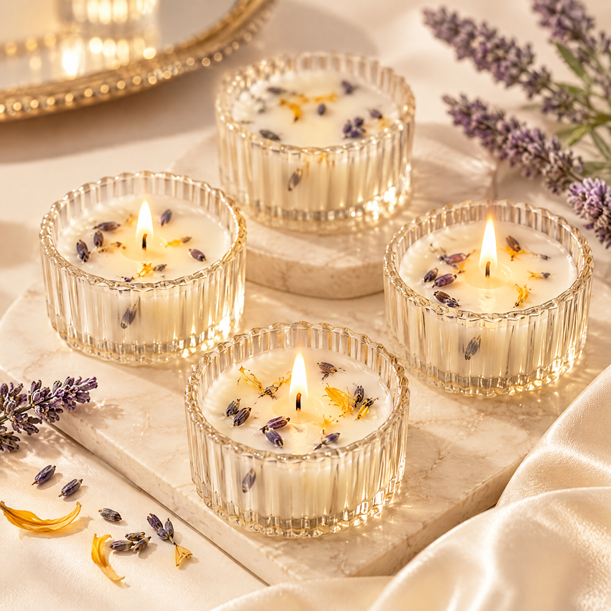KAELIROAY® Lavender Botanical Soy Wax Candle Set of 4 — four ivory candles with real dried lavender buds and marigold petals, lit in ribbed glass vessels on marble slab. Fresh lavender sprigs and golden marigold petals surround on cream silk cloth.