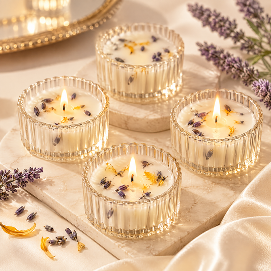KAELIROAY® Lavender Botanical Soy Wax Candle Set of 4 — four ivory candles with real dried lavender buds and marigold petals, lit in ribbed glass vessels on marble slab. Fresh lavender sprigs and golden marigold petals surround on cream silk cloth.