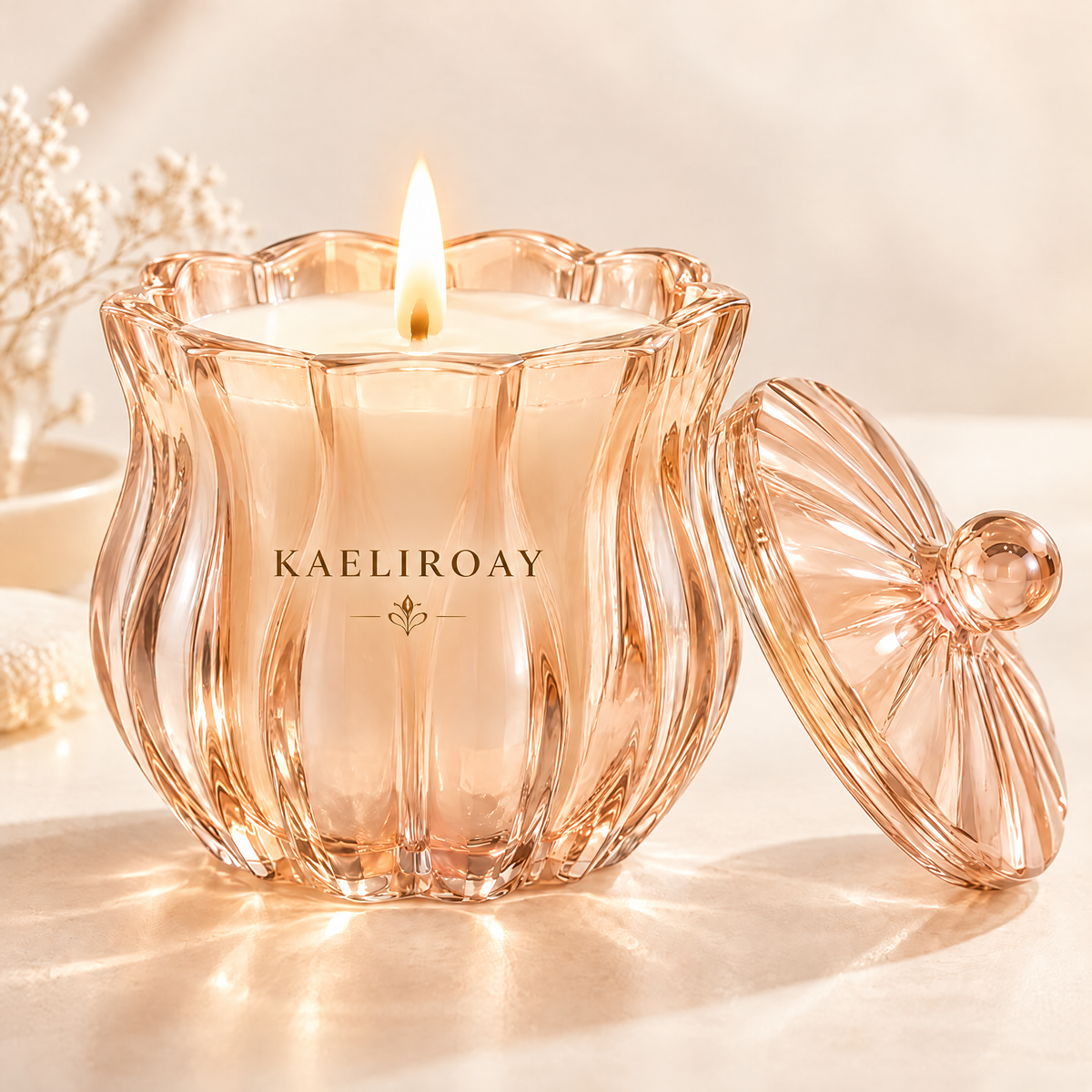 KAELIROAY® Rose Gold Petal Crystal Glass Scented Candle lit with petal-rimmed jar and elegant ribbed lid beside it — hero product shot