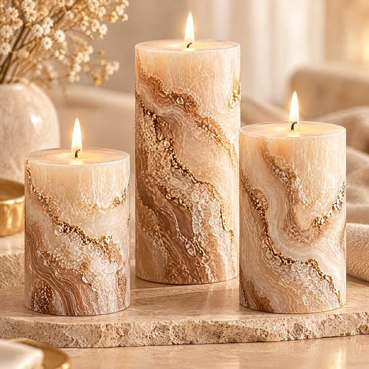 KAELIROAY® Gold Marble Pillar Candle close-up — Exquisite Details. Natural Texture Meets Modern Elegance. Unique Marble Pattern (each candle is one of a kind), Elegant Gold Accents (adds a luxurious touch), Premium Wax (smooth finish and long-lasting).