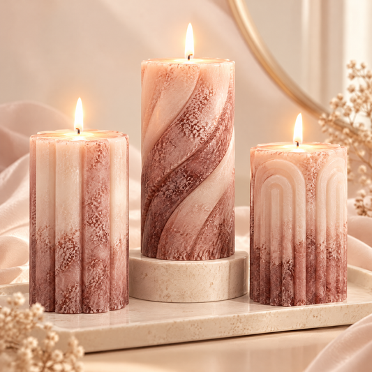 KAELIROAY® Rose Gold Marble Pillar Candle Set — 3 candles lit in rose gold and ivory marble on travertine slab with books and dried flowers. Elevate Your Space. Warm Glow, Timeless Style. Living Room, Bedroom, Dining Table, Thoughtful Gift.
