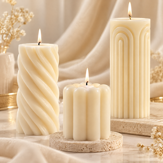 KAELIROAY® Ivory Spiral Pillar Candle close-up texture — Thoughtful Details. Quality you can see and feel. Premium Paraffin Wax (clean & long-lasting burn), Steady Flame (creates a cozy atmosphere), Smokeless (enjoy a cleaner home), Exquisite Design (adds a touch of art to your space).