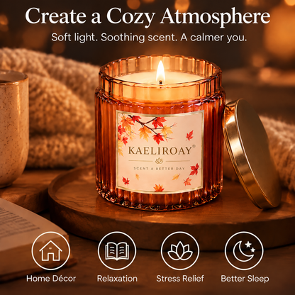 KAELIROAY® Scented Candle in warm autumn lifestyle setting with cozy knit blanket and fall leaves