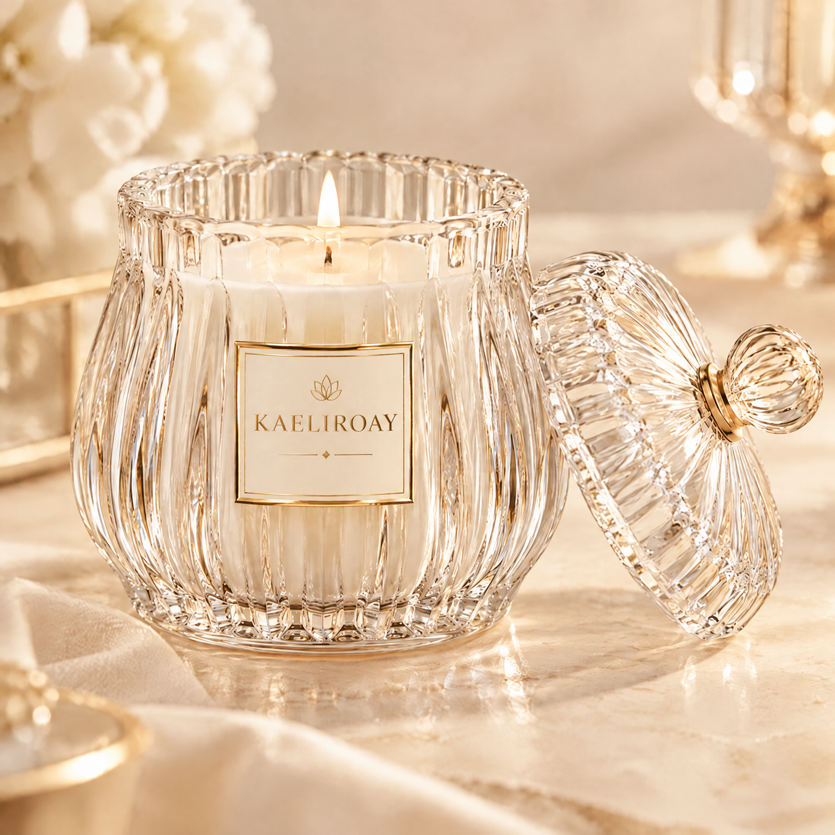 KAELIROAY® Luxury Crystal Glass Scented Candle with ribbed jar, gold ball-top lid, lid resting beside — hero product shot