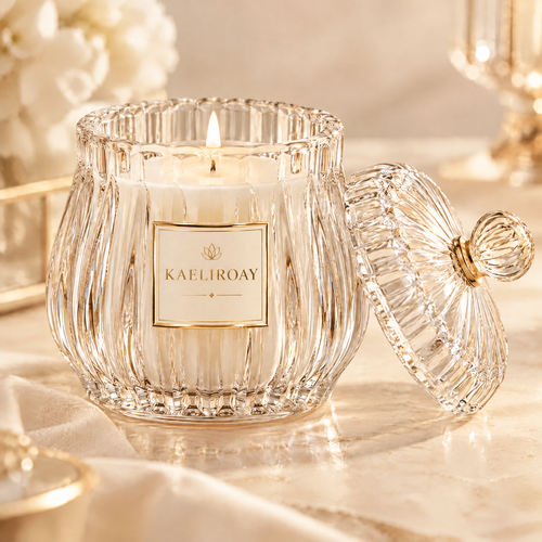 KAELIROAY® Luxury Crystal Glass Scented Candle with ribbed jar, gold ball-top lid, lid resting beside — hero product shot