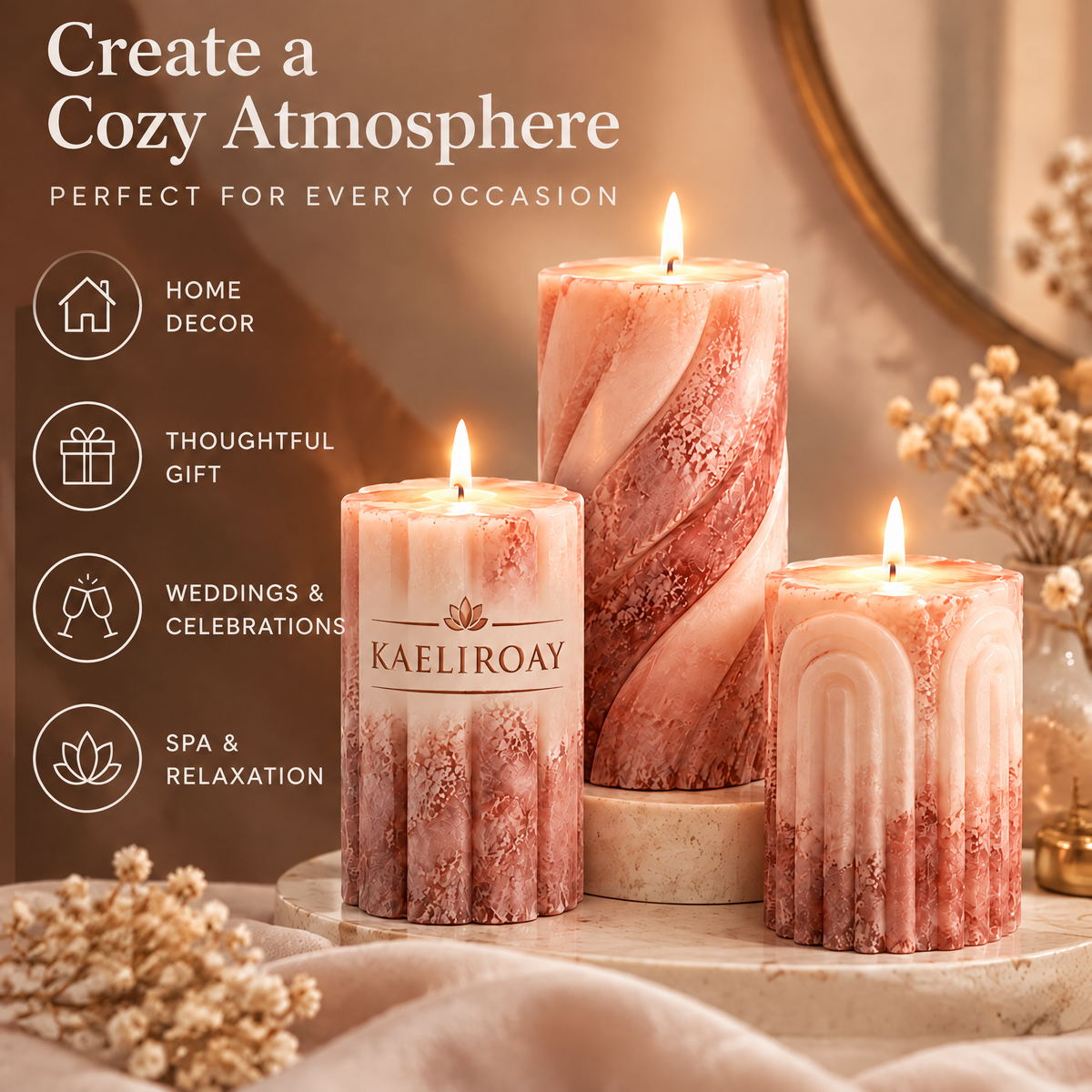 KAELIROAY® Rose Gold Marble Pillar Candle Set — 3 candles lit on marble tray with silk drape and gold mirror. Ribbed column, smooth spiral, and arch panel shapes in matching rose gold marble finish.