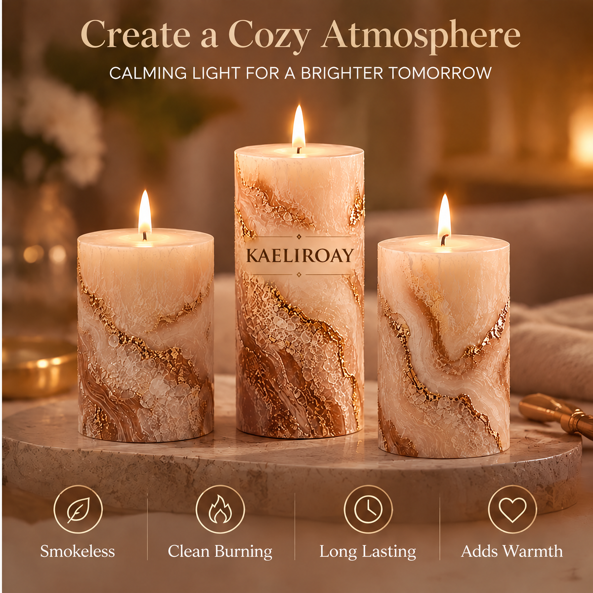 KAELIROAY® Gold Marble Pillar Candle Set lit in warm glowing room — Create a Cozy Atmosphere. Calming Light for a Brighter Tomorrow. Smokeless, Clean Burning, Long Lasting, Adds Warmth.