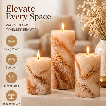 KAELIROAY® Gold Marble Pillar Candle Set — 3 Sizes (Small / Medium / Large)