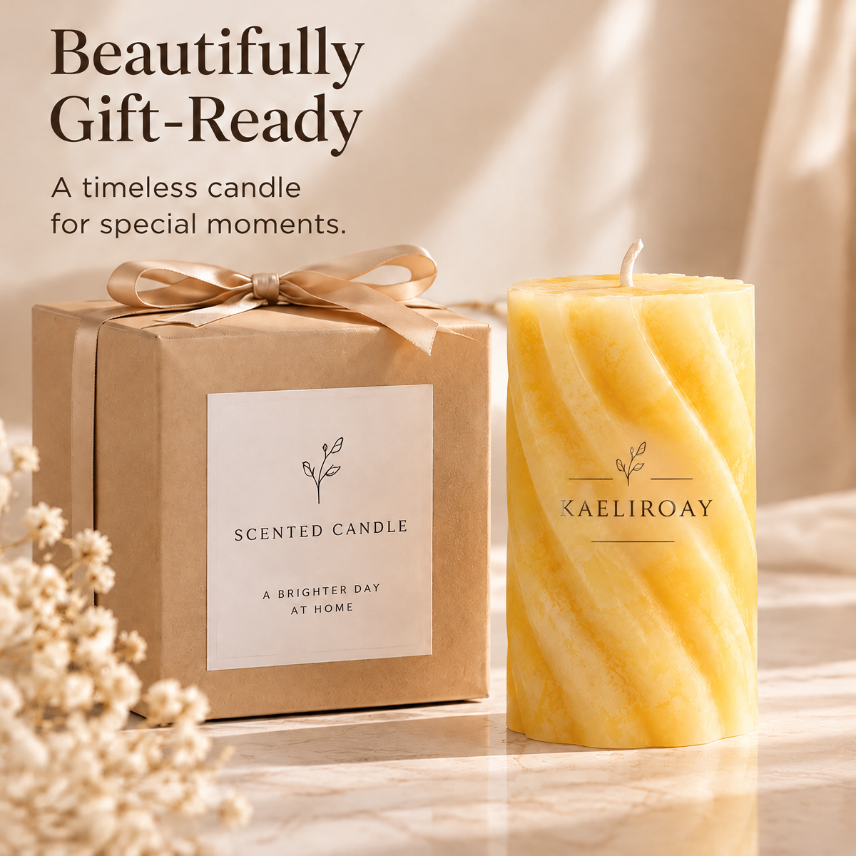 KAELIROAY® Honey Marble Swirl Pillar Candle beside its kraft gift box with satin ribbon — Beautifully Gift-Ready. A timeless candle for special moments. Scented Candle, A Brighter Day at Home.