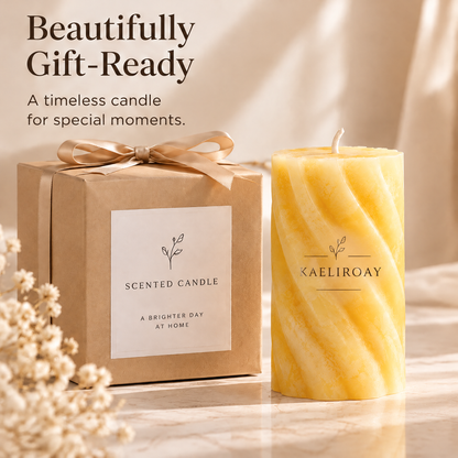 KAELIROAY® Honey Marble Swirl Pillar Candle beside its kraft gift box with satin ribbon — Beautifully Gift-Ready. A timeless candle for special moments. Scented Candle, A Brighter Day at Home.