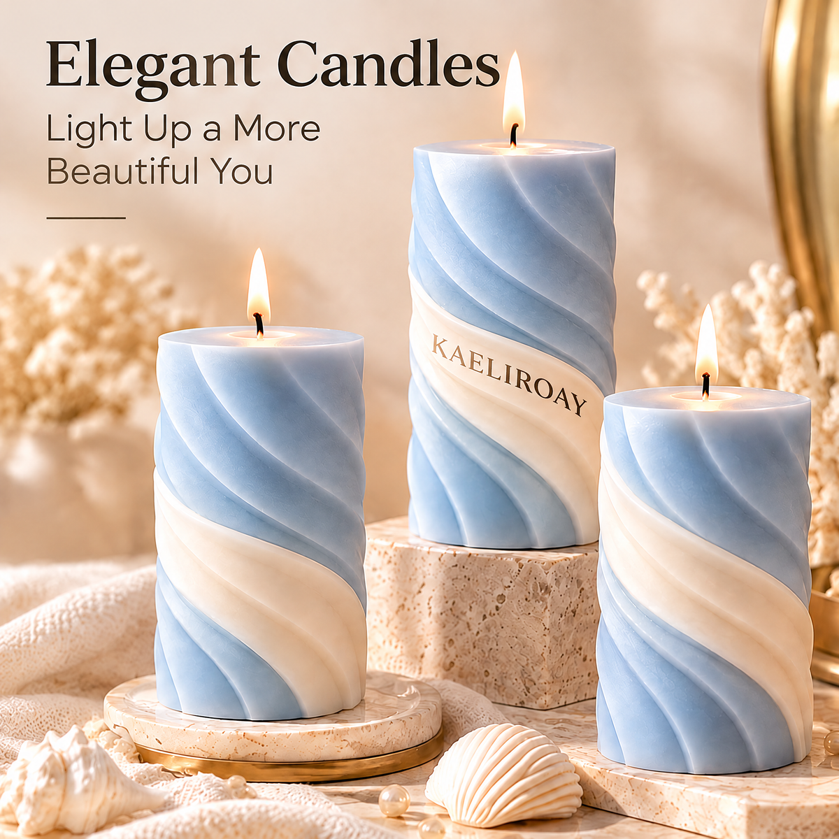 KAELIROAY® Ocean Swirl Pillar Candles lit with brand name visible — Elegant Candles. Light Up a More Beautiful You.