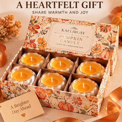 KAELIROAY® Pumpkin Candle Set of 6 — A Heartfelt Gift, Share Warmth and Joy. Six candles in KAELIROAY Pumpkin Candle autumn botanical gift box with ‘A Brighter Day Ahead’ gold heart card. Light Up A Brighter Day.