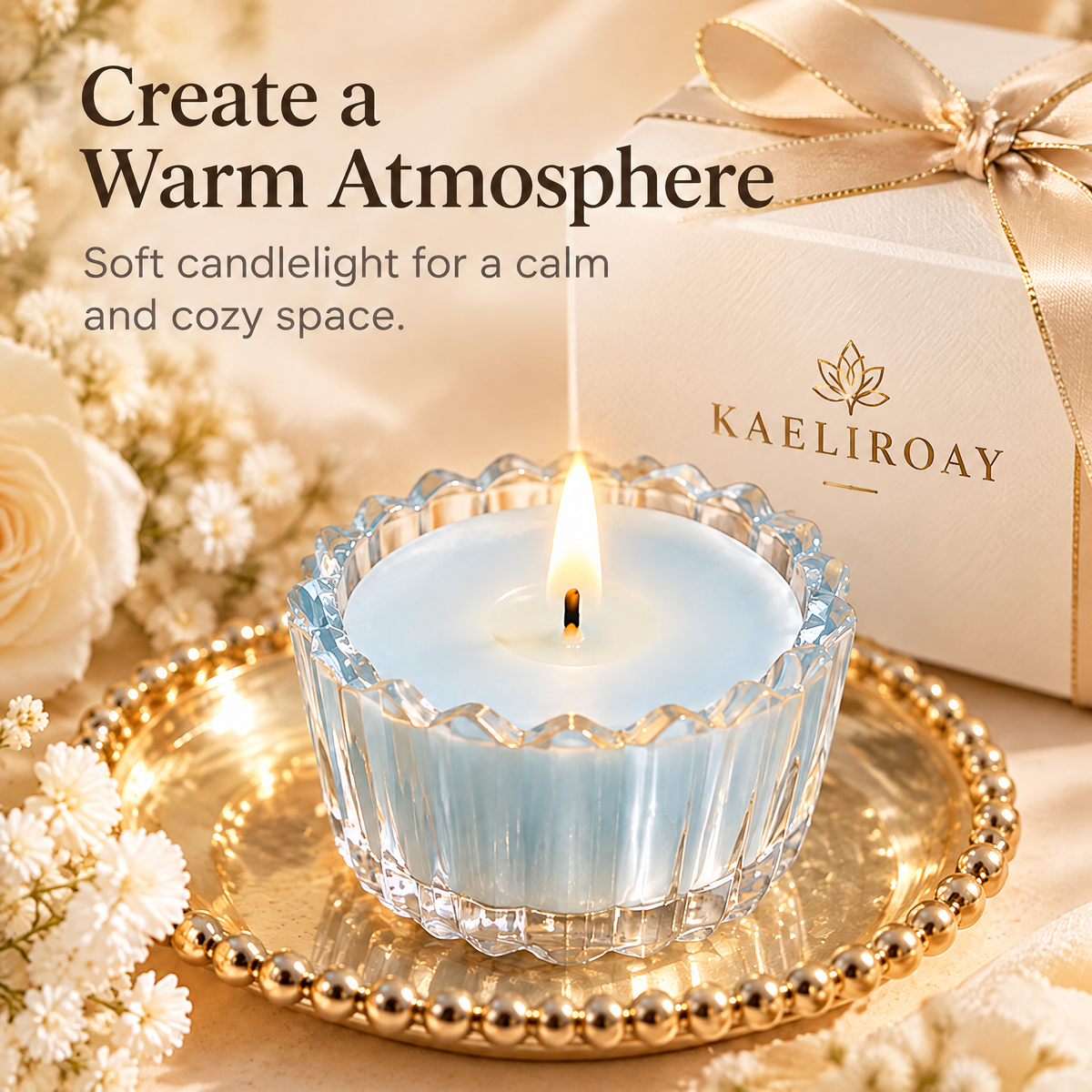 KAELIROAY® Blue Glass Flower Tealight Candle Set — Suitable for Every Occasion, Perfect for home, parties, weddings and more. Icons: Home Decor, Parties, Weddings, Gifts. Five candles in glass holders arranged on marble beside pearls, white vase and gold photo frame.