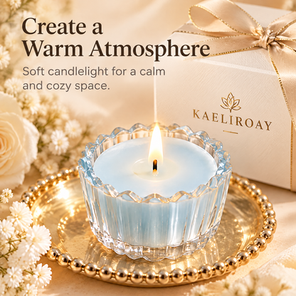 KAELIROAY® Blue Glass Flower Tealight Candle Set — Suitable for Every Occasion, Perfect for home, parties, weddings and more. Icons: Home Decor, Parties, Weddings, Gifts. Five candles in glass holders arranged on marble beside pearls, white vase and gold photo frame.