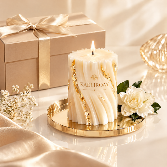 KAELIROAY® Ivory & Gold Leaf Swirl Pillar Candle lit on gold mirror tray with white gardenias, baby's breath and satin ribbon gift box. KAELIROAY brand name on candle. Art You Can Light. A Thoughtful Gift for Special Moments.